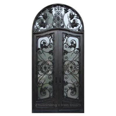 China Anti-theft Front Doors Classic Villa Entrance Double Wrought Iron French Entry Doors Arch Entry Iron Doors for sale