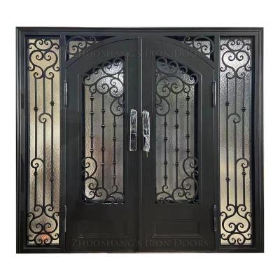 China Anti-theft French Door Square Wrought Iron Entry Doors Wrought Iron Top Double Door Glass Door for sale