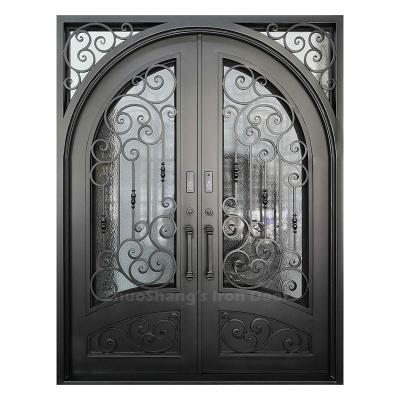 China Anti Theft French Square Wrought Iron Top Entry Doors Double Arch Entrance Double Entry Doors Wrought Iron Entry Doors for sale