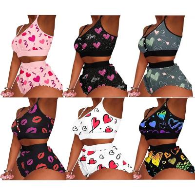 China 2022 new designs breathable wholesale women 2 pieces set sexy valentines day shorts and crop heart pajamas for sale