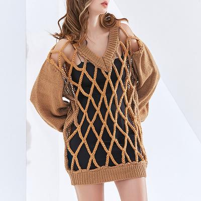 China 2022 Anti-wrinkle fashion women's coats sexy hollow-woven lantern sleeve plus size knitted sweater for sale