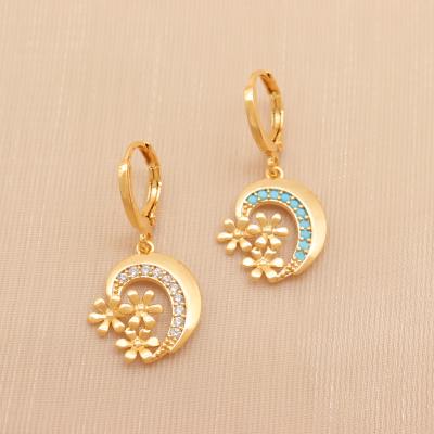 China Fashion 18K Gold Vintage Earring Natural Stone Zircon Flower Heart Metal Dangle Hook Drop Dangle Earring For Women Girl for sale