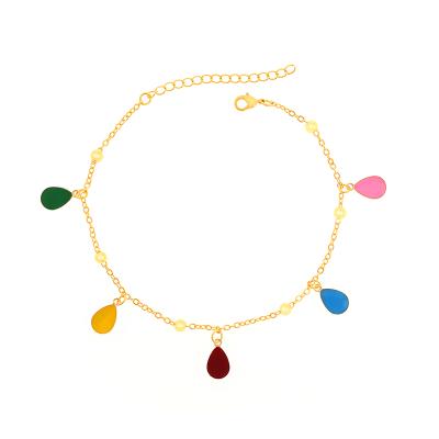 China Fashion Rainbow Color Paint Oil Enamel Drip Waterdrop Beaded Anklet Chain Bracelet 24k Gold Jewelry Charm Bracelet Women Accessories for sale