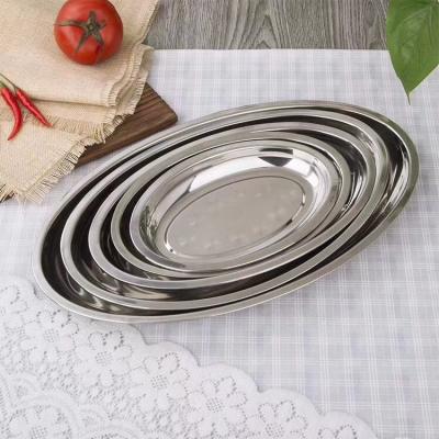 China Home Serving Tray Metal Stainless Steel Food Grade Restaurant Hotel Tray Oval BBQ Buffet Tray for sale