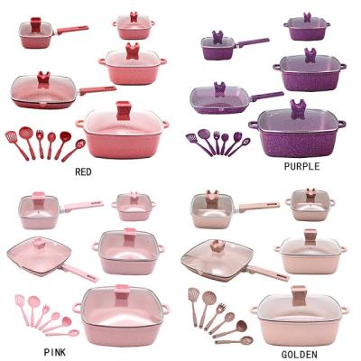 China Sustainable Granite Marble Medical Stone Square Cookware 12pcs Nonstick Cooking Pot Set for sale