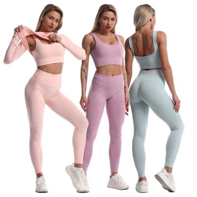 China 2021 High Quality Breathable Yoga Wear 3pcs Set Striped Seamless Long Sleeve Long Pants Sports Gym Fitness Tight Bra Set For Women for sale