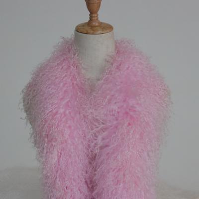 China Long Curly Fluffy Dusty Pink Color Mongolian Lamb Fur Boa Stole for sale