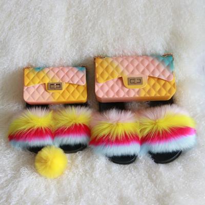 China Fashion curlyfur designer summer beach slippers handbag set for mommy and me fur slides with matching purse for sale