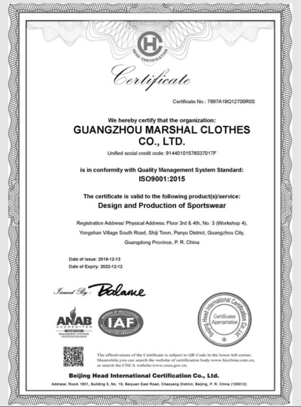 ISO9001 - Guangzhou Marshal Clothes Co., Ltd.