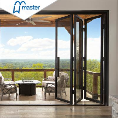 China MasterWell Windproof 5 Year Warranty Aluminum Frame Black Folding Glass Bifold Door Exterior Patio for sale