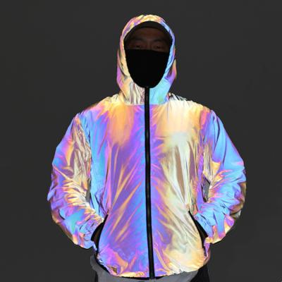 China Summer Men's Hip Hop Rainbow Hoodie Coat Holographic Reflective Anorak Jacket Zipper Night Hoodie Gym Slim Breathable Tracker Luxury for sale