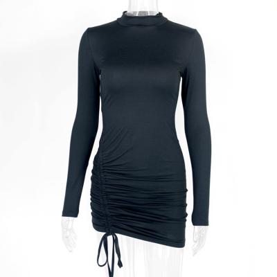 China 2022 Autumn New Arrival Women's High Drawstring Smocked Mini Dress Women Elegant Casual Sexy Anti-static Sexy Sheer Sleeve Long Sleeve for sale