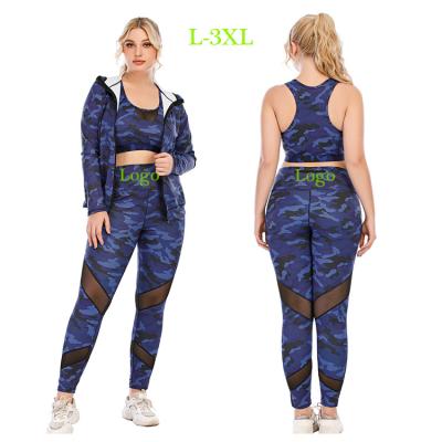 China Custom Logo Printing Breathable Plus Size High Waist Women Yoga Pants Blue Camouflage Fitness Gaiters Top Side Pocket 3 Piece Yoga Sets for sale