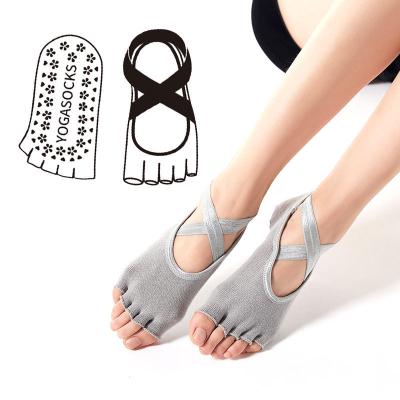 China Custom Women's Cotton Waistband Gym Yoga Cross Socks Five-finger Toe Socks Non-slip Silicone No Stitch Breathable Open Back for sale