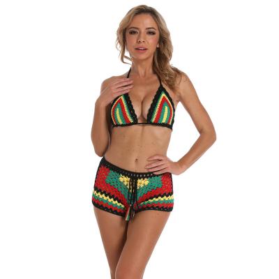 China Amazon CIA Breathable Crochet Bikini Set Hot Selling Handmade Tassel Shorts Women Swimwear Rasta Colored Bikinis and Beachwear Bikini Set for sale