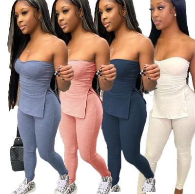 China Breathable Drop Shipping Stitching Ropa Conjuntos mujer Women Sexy T-shirt High Waist Slit Backless One-shoulder Casual Pants Sets for sale