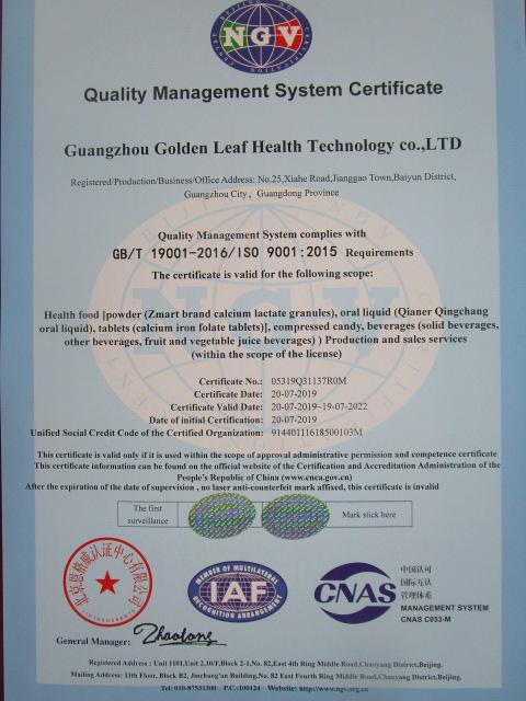 ISO9001 - Guangzhou Golden Leaf Health Technology Co., Ltd.