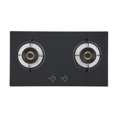 China Hotel 2 Burner Cooker Gas Stove LPG NG Built In Tempered Glass Black Cooktop for sale