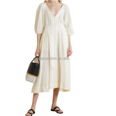 China 2022 Summer Cotton Spandex Women's Midi Dress Anti-Static Lantern Sleeve V-Neck Midi Casual Dress 100% Linen Modal White Beach Elegant A-Line Vestidos for sale