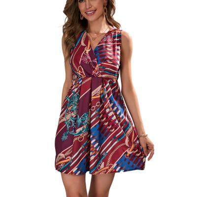 China 2022 summer v neck boho style vestidos elegant vestidos ethnic floral print sleeveless mini tunic anti-static casual dress for women for sale