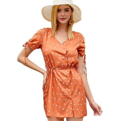 China Wholesale Women Anti-static Mini Dress Dots Dress Vacation Holiday Casual Polka Dot V-Neck Lady Dress Short Sleeve Summer Fashion Vestidos for sale