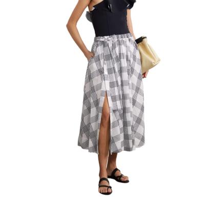 China 2022 Customs Anti-Static Casual Elegant Bow Tie Striped Print Skirt Women Midi Screened Cotton Blend Canvas Skirts For Lady Faldas Para mujer for sale