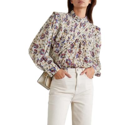 China Tops casual elegant ladies anti-pilling 2022 custom para blusas y de camisas mujeres pleated floral print voile cotton blouse for women for sale