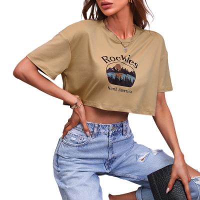 China Anti-wrinkle 2022 fashion custom LOGO print graphic cropped vintage ladies fitted t shirts cotton crop tops tee t-shirt for women camiseta for sale