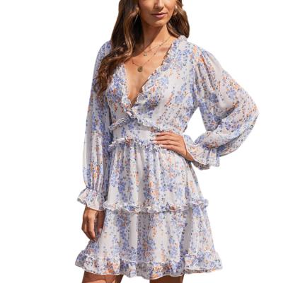 China 2022 Summer Girls Anti-Static Custom Made V-Neckline Long Sleeve Ruffled Elegant Casual Dress Madame Chiffon Floral Print Women Mini Dresses Vestidos for sale