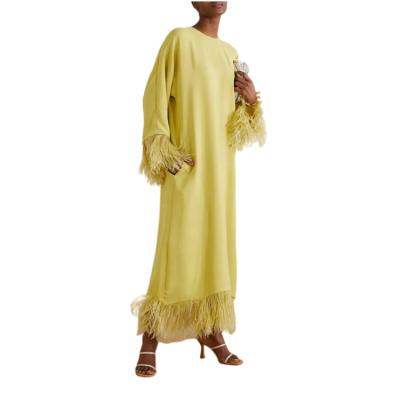 China 2022 Fashion O Neck Vestidos Women Casual Dress Women Anti-Static Elegant Ostrich Feather Trimmed Silk Crepe Long Sleeve Maxi Dress For Ladies for sale