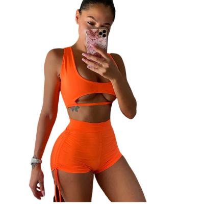 China 2022 Summer Sets de piezas de 2 de piezas de Para mujer QUICK DRY women flow lace up yoga casual drawstring navel vest sports shorts set for sale