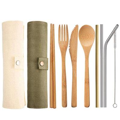 China Portable Luxury Disposable Travel Cutlery Pack, Cloth Bag with Straw Chopsticks Brush Fork, Bamboo Cutlery Spoon Set for sale