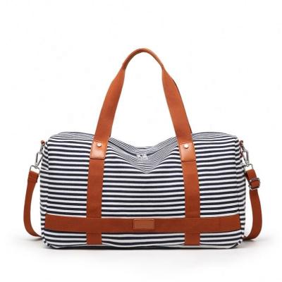 China Custom Fashion Logo Stripe Women Weekender Travel Bag Canvas Fleece Packing Drop Shipping Large Capacity for sale