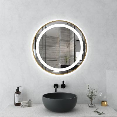 China Magnifying Modern Touch Screen Tied Lights Vanity Round Shape Smart Bathroom Mirror for sale