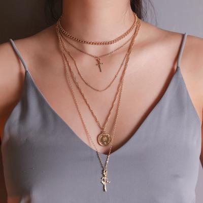 China Lead Free Nickel Free Stylish Multi-tiered Retro Cross Mounted Necklace Metal Tiered Necklace 5 Creative For Women for sale