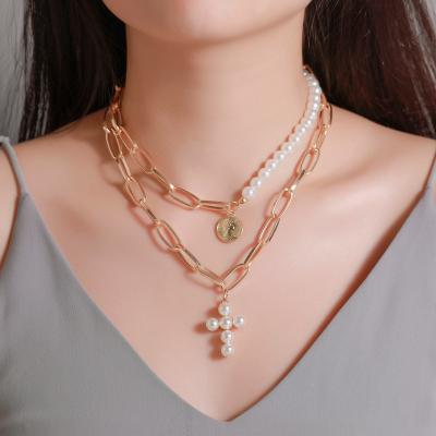 China 2022 Modes Exaggerated Pearl Cross Necklace Lead Free Nickel Free Chunky Chain Multi - Layer Disc Portrait Pendant for sale