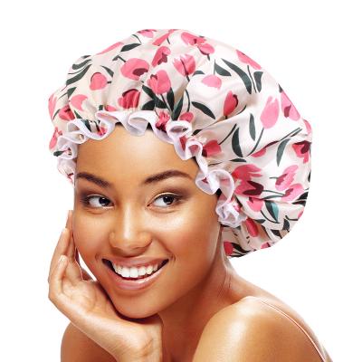 China Soft Sleek Feeling Women's Custom Printed Waterproof Shower Cap Beauty Satin Hair Hood for sale