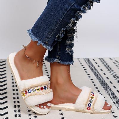 China New fashion trend design factory loose hot price sequins all-match house slippers canvas upper woman for sale