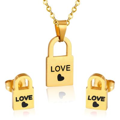 China KITI High Quality Fashion Couple Lock Couple Necklace Earrings Set Stainless Steel Pendant Lovers for sale