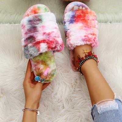 China 2021 Fashion Rainbow Fur Sides Shoes Hot New Winter Indoor Shoes For Lady Women's Slippers for sale