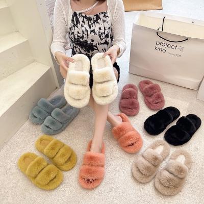 China 2021 Winter Fashion Trend Double Stripe Bedroom Slides Luxury Plush Fox Fur Women's Faux Fur Slippers Luxury Custom Made For Lady for sale