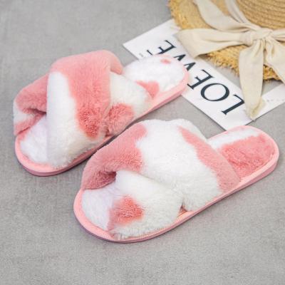 China Wholesale Custom Fashion Trendy Rainbow Dye Tie Band Mule Women's Faux Fur Fluffy Women's Faux Fur Slippers Wholesale Crossed Flat Indoor Bedroom Shoes For Lady for sale