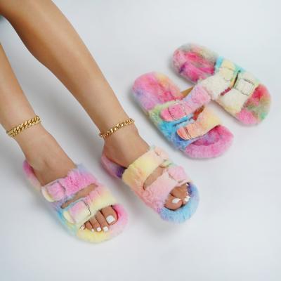 China 2021 Winter Fashion Trend Faux Fur Women's Fluffy Slippers Winter Fashion Trend Design Link Dye Plush Slides Ladies Sandals Outdoor Indoor Shoes for sale