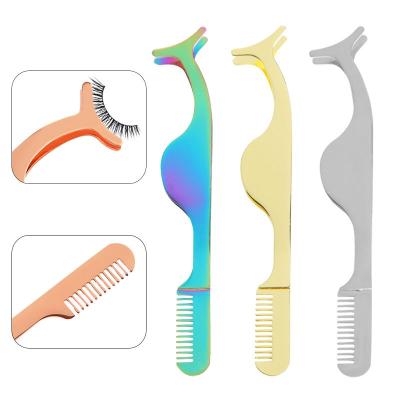 China 2 in 1 New Design Stainless Steel False Eyelash Applicator Tool Eyelash Trimmer Tweezers with Comb for sale