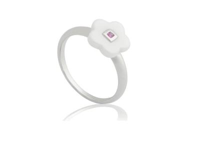 China White Ceramic Silver Ring With Flower Shape , Rhodium Plated Ring CSR0862 for sale