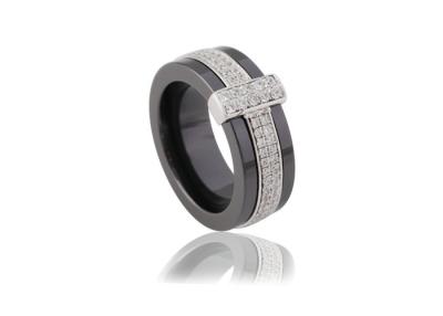 China Black Ceramic Silver Ring With 925 Sterling Silver , White CZ CSR0229 for sale