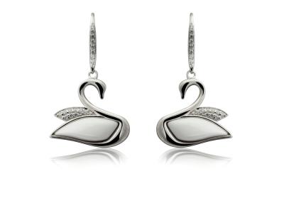 China White Swan Silver Ceramic Earrings With White CZ For Ladies , Rhodium Plating CSE0424 for sale