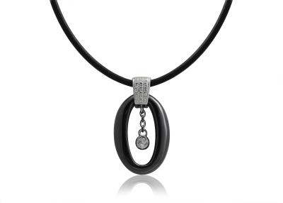 China Black Ceramic Silver Necklace With White Main Stone And Leather , Micro Setting CSN0685 for sale