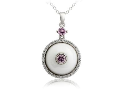 China 925 Sterling Silver White Rhodium Plated Pendant With Red CZ , White Ceramic CSP0613 for sale