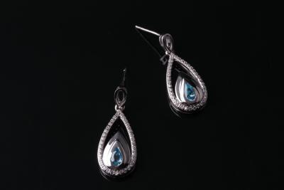 China Girls Silver CZ Earrings With water drop shape blue main stone , micro setting IE1267 for sale